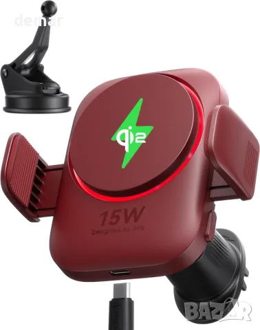 INIU Mag-safe зарядно за кола (15W, червено), Qi2 сертифицирано, охлаждащи ребра и RGB осветление