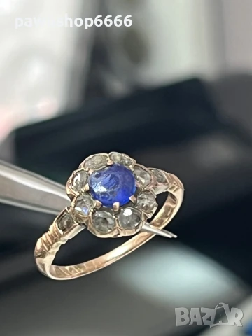 Викториански златен пръстен 14к със сапфир и диаманти