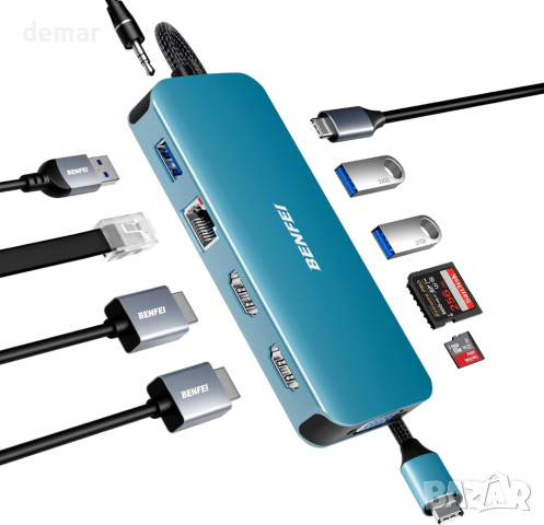 BENFEI 11-в-1 USB C MST докинг станция за лаптоп със силиконов кабел, USB-C ХЪБ с USB-C към 2*HDMI