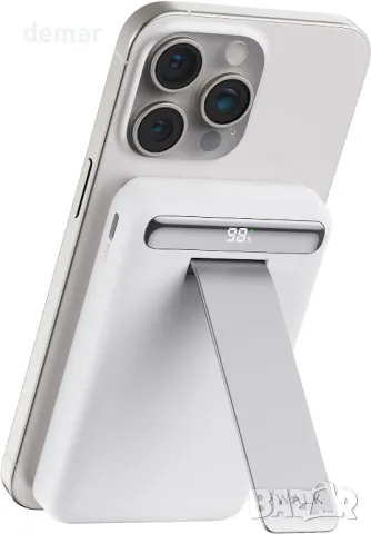 iWALK външна магнитна батерия с многоъглова регулируема стойка, Qi2 10000mAh 15W с LED дисплей, бяла