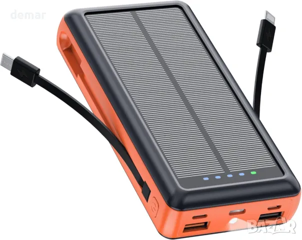Соларна външна батерия, 20000mAh преносимо зарядно, вградени 2 кабела