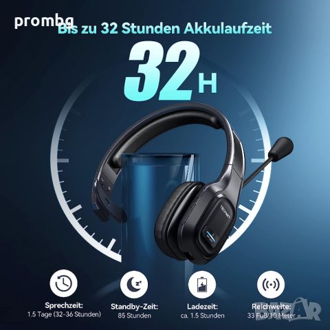 слушалки Bluetooth с микрофон, USB, TECKNET, внос от Германия