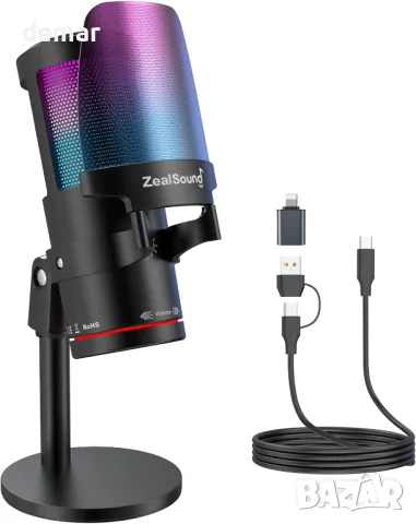 USB микрофон за игри ZealSound, кондензаторен микрофон с шумопотискане, с RGB светлина