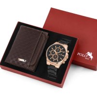Мъжки комплект, портфейл и часовник, Polo Air, кафяво, снимка 1 - Портфейли, портмонета - 44147779