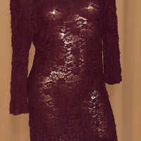 MONGUL M/L Дантелена, прозрачна рокля бордо с дълъг ръкав , снимка 1 - Рокли - 34853367