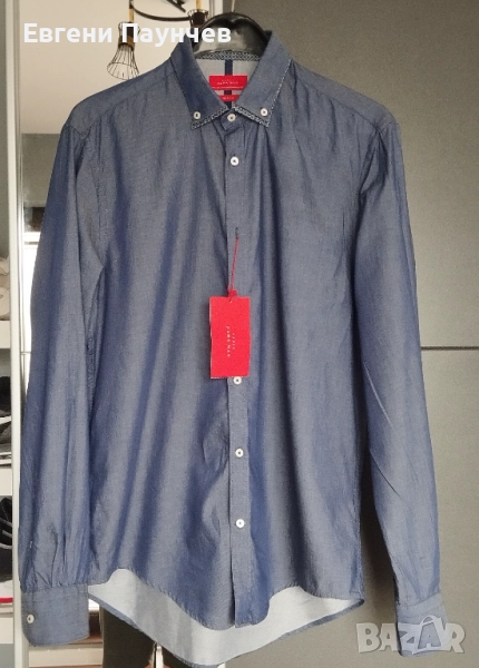 Нова Мъжка риза Zara размер L Slim Fit в тъмно синьо 100% памук, снимка 1