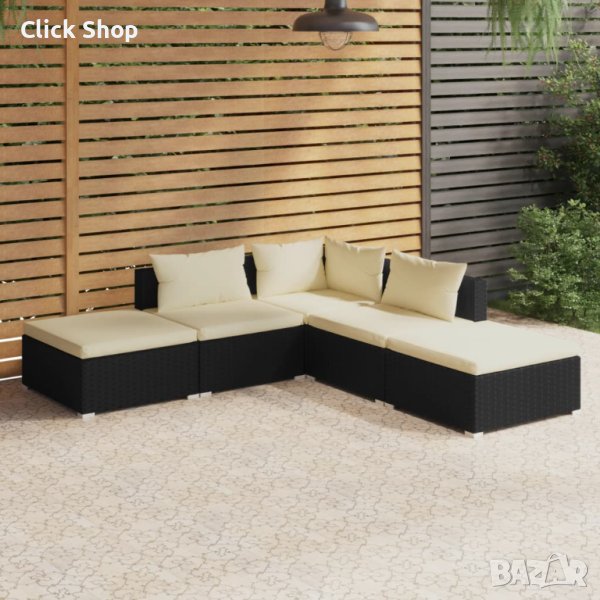 Градински лаундж комплект с възглавници 5 части черен полиратан, снимка 1