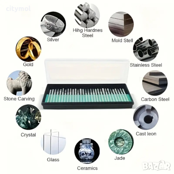 30 бр. Диамантени шлифовъчни игла за гравиране, дърворезба, полиране, нефрит и др., снимка 1