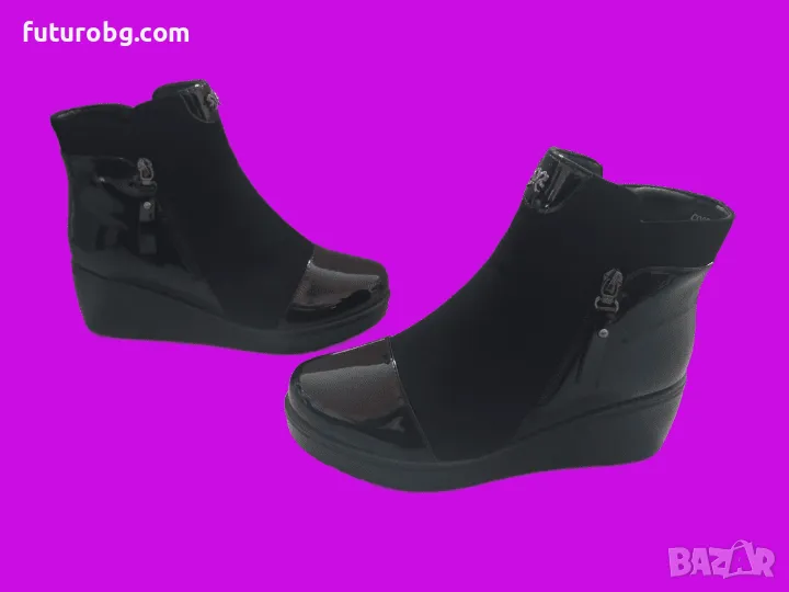 Елегантни дамски черни боти на лека платформа с лачен акцент отпред и отстрани, снимка 1