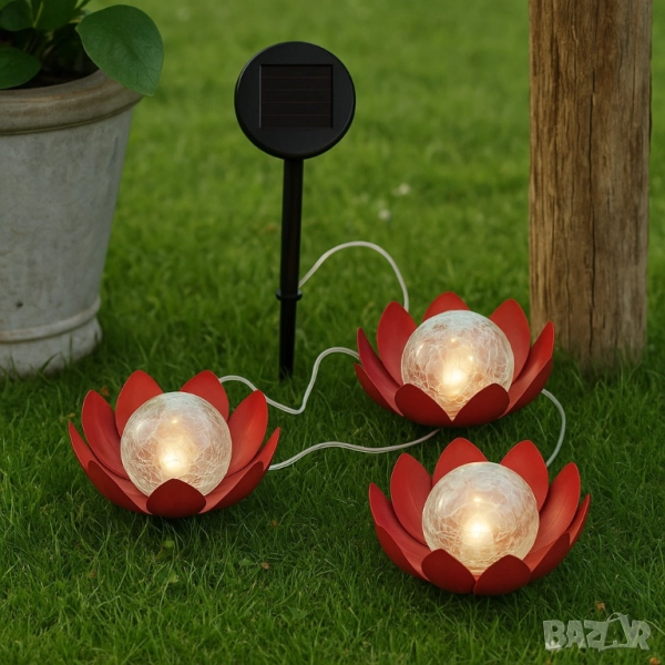 LED слънчев градински соларен панел с 3 светещи лампи цветя, снимка 1