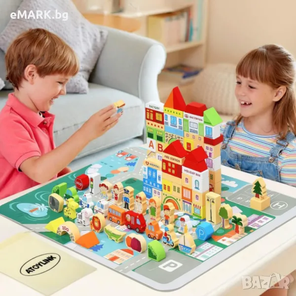 Дървен конструктор от 120 части цветни дървени блокчета - Слънчев град, снимка 1