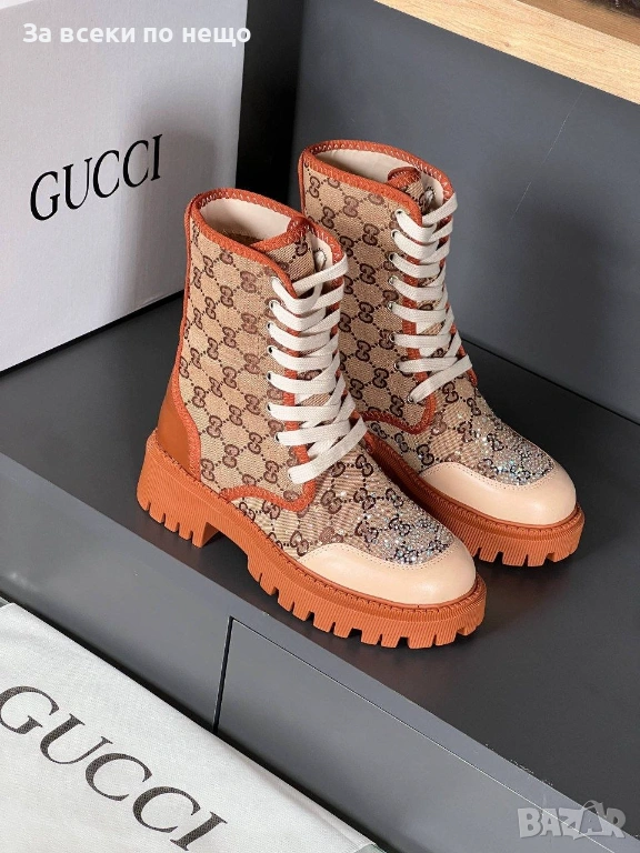 Gucci Дамски Бежови Зимни Боти С Връзки Гучи Код E1175, снимка 1