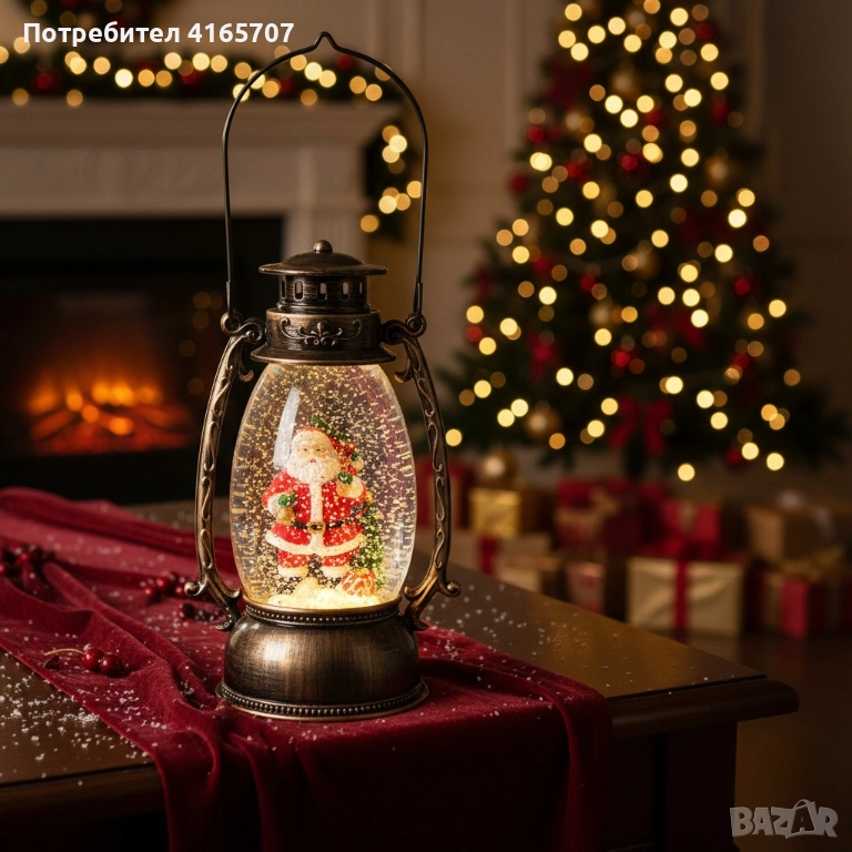 Коледен декоративен фенер – LED светлина, въртяща се фигурка на Дядо Коледа, снеговалеж и музика, снимка 1