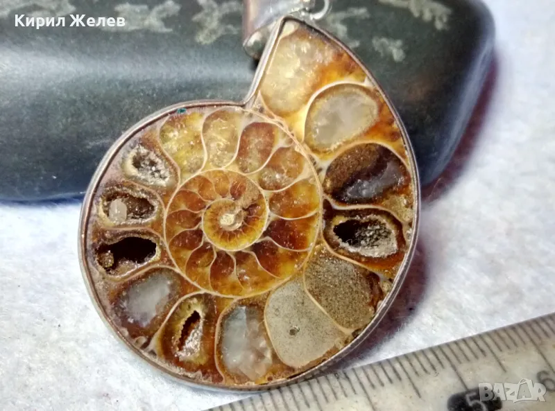 НАТУРАЛЕН ОПАЛИЗИРАН АМОНИТ в ПОСРЕБРЕН ОБКОВ Стар МЕДАЛЬОН РЪЧНА ЮВЕЛИРНА АРТ РАБОТА ПОЛИРАН 48807, снимка 1