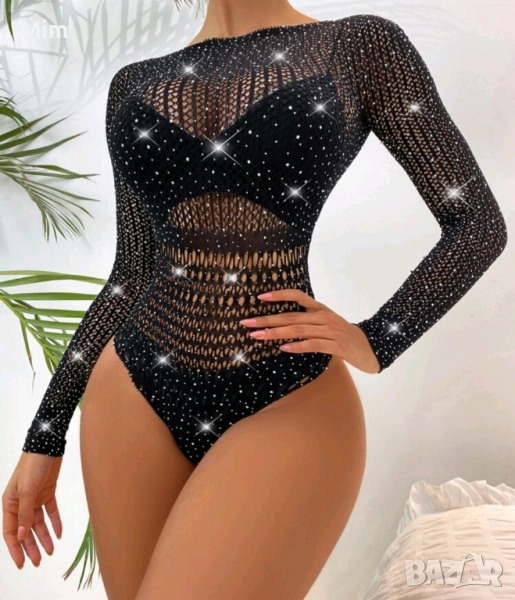 Черно и бяло еластично боди мрежа със сребристи камъчета , снимка 1