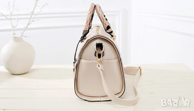 Дамска чанта с декорация от бяла змийска кожа, снимка 6 - Чанти - 52585297