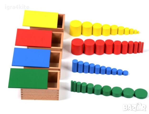 Промо! Монтесори дървени цветни цилиндри 40бр.в 4 кутии + 40бр. цилиндри с дръжки, снимка 3 - Образователни игри - 44595532