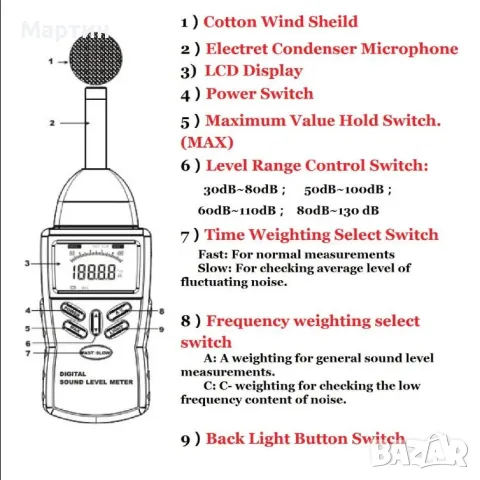 Шумомер прецизен BTMETER BT-882A 30 до 130 dB с куфар, снимка 9 - Други инструменти - 48508519