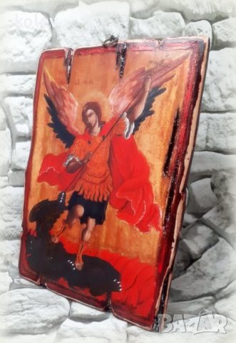 продадена!Възможност за поръчка! Икона Архангел Михаил убива Дявола 25/18 см, декупаж, уникат, снимка 4 - Икони - 42404494
