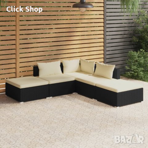 Градински лаундж комплект с възглавници 5 части черен полиратан, снимка 1