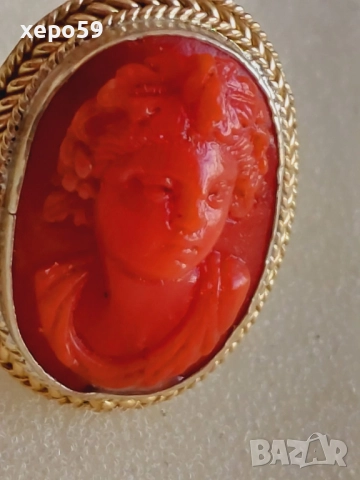 Дамски златен пръстен 14к с инкрустирана коралова камея, снимка 15 - Пръстени - 52624282