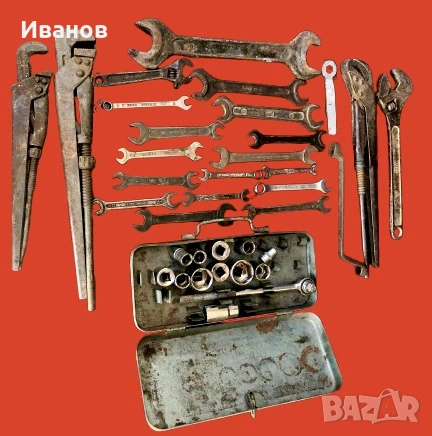 Сет от Стари/Винтидж ръчни инструменти, включващи Гаечни  и Тръбни/Френски ключове + Гедоре. , снимка 6 - Куфари с инструменти - 53845831