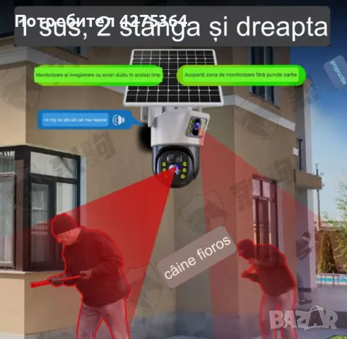 Соларна двойна камера за видеонаблюдение, слот за сим карта 4G 3K Ultra HD 30403780, снимка 1