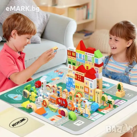 Дървен конструктор от 120 части цветни дървени блокчета - Слънчев град, снимка 1