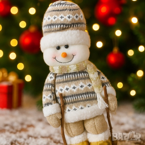 Коледна играчка Снежен човек с плетен костюм и златни ботушки, снимка 2 - Други стоки за дома - 52134283