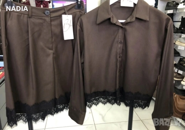 Кафяв сет риза и къс панталон, снимка 2 - Комплекти - 53754977