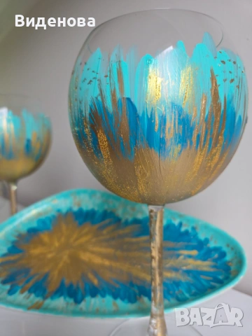 Комплект 2 чаши за вино и чиния за сирена, снимка 2 - Чаши - 53145410