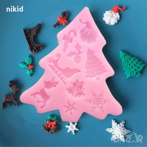 Коледен елха с елен снежинка шейна имел камбанки силиконов молд форма фондан, снимка 2 - Форми - 34727716