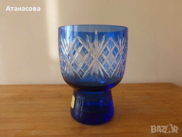 Синя кристална ваза дизайн Karin Grigat Германия 1970 г, снимка 2 - Вази - 42359302