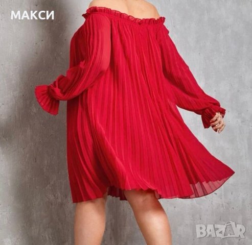 Красива елегантна разкроена рокля/туника с отворени рамена тип солей в червено, снимка 3 - Рокли - 39675299