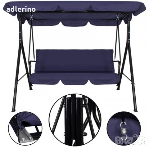 Люлка за веранда за 3 души с покрив, тъмносиньа, градинска люлка, люлка за тераса, люлееща пейка, снимка 7 - Градински мебели, декорация  - 34148547