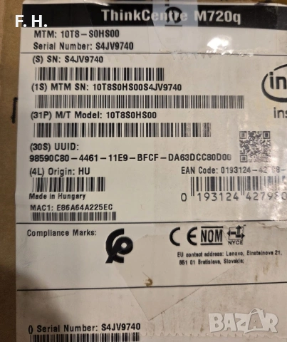 Lenovo M720q Tiny PC Intel i5-8500T 2.10ghz 16GB RAM, 256GB NVMe, снимка 4 - Лаптопи за работа - 53619343