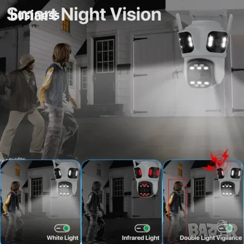 Тройна Външна WiFi Камера P15 с три ектрана 3MP+3MP+6MP, ICSee, Бяла, снимка 2 - IP камери - 48290452