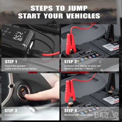 Комбиниран Jump Starter (бичѐ), Power Bank със 150 PSI компресор и LED фенер , снимка 4 - Аксесоари и консумативи - 52428074