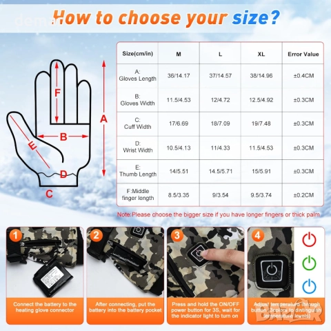 Акумулаторни отопляеми ръкавици Lychee Camouflage, 7.4V, 22.2Wh бързо нагряване, снимка 3 - Ръкавици - 52454364