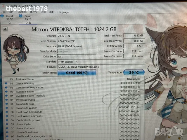 1TB 1000GB SSD NVMe Gen 4x4 Micron 3400 MTFDKBA1T0TFH/6600 MB/s, снимка 2 - Твърди дискове - 55752388