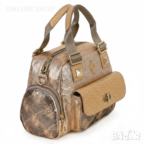 Луксозна Дамска чанта от висококачествена  кожа във златист цвят , снимка 6 - Чанти - 53587464
