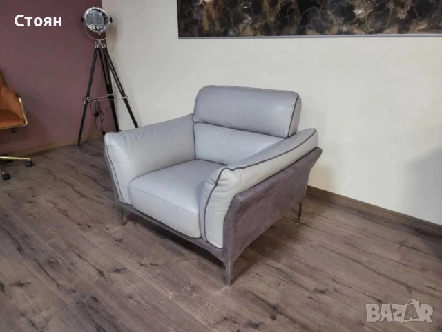 Сив фотьойл от кожа и плат, снимка 6 - Дивани и мека мебел - 52010789