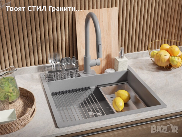 сив кухненска мивка за вграждане Берген 60 Double Pocket 560x540 мм, снимка 6 - Мивки - 51719371