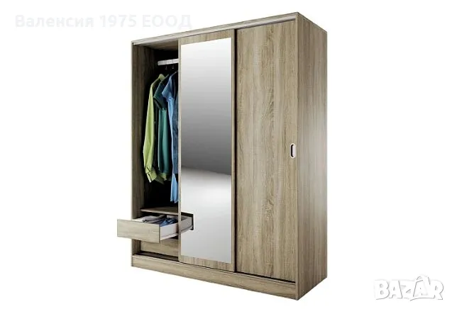 Гардероб с плъзгащи врати, огледало и вътр. чекм. Сити 1006 сонома,орех или комбинация бяло/ арвен, снимка 3 - Гардероби - 18790429