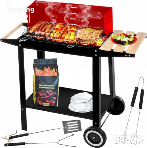 Градинско барбекю на колела, емайлирана стомана, 4 степени + Подарък 3 прибора, снимка 6 - Барбекюта - 53343396