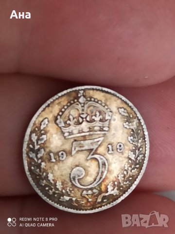 3 пенса 1919 г сребро Великобритания , снимка 1 - Нумизматика и бонистика - 41574129