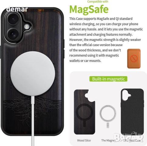 Дървен магнитен калъф Carveit за iPhone 17, гравирано дърво и черен мек TPU, снимка 4 - Калъфи, кейсове - 52119302