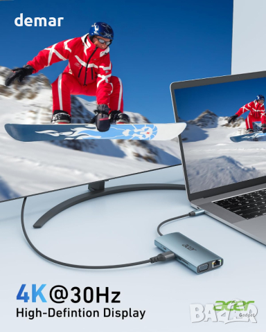 Acer USB C хъб с 4k HDMI, 9-в-1 USB C към Ethernet адаптер, 5Gbps USB-A 3.1 докинг станция, PD 100W, снимка 4 - Кабели и адаптери - 44532825