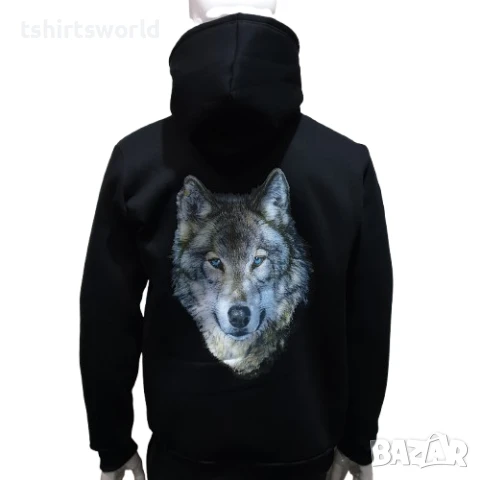 Нов мъжки суичър с ЦИП и трансферен печат Вълк със сини очи, Серия Вълци