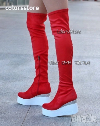 Ботуши на платформа - червен велур и брокат - 122K 